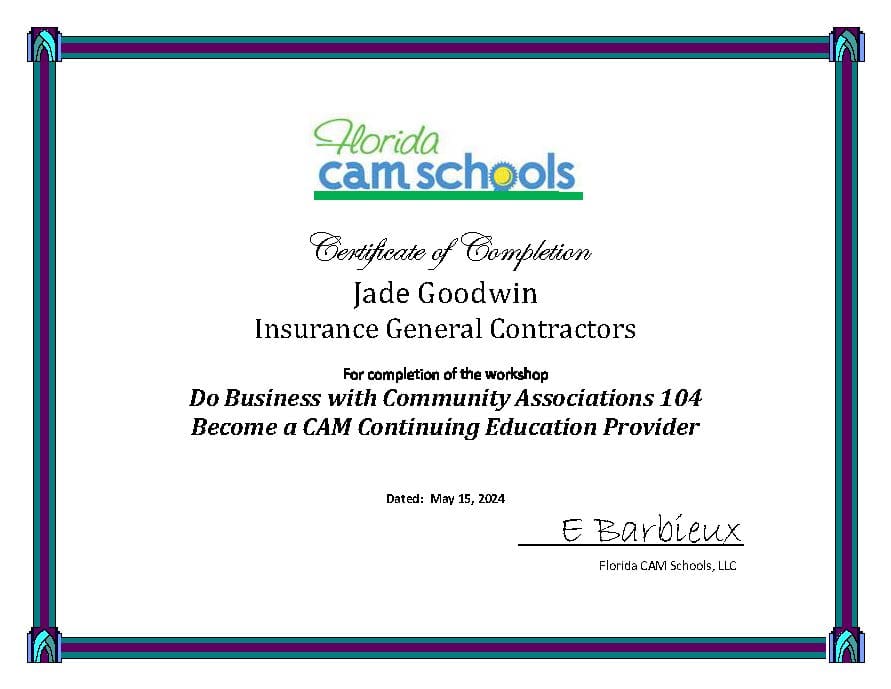 A certificate of completion for an insurance general contractors business.