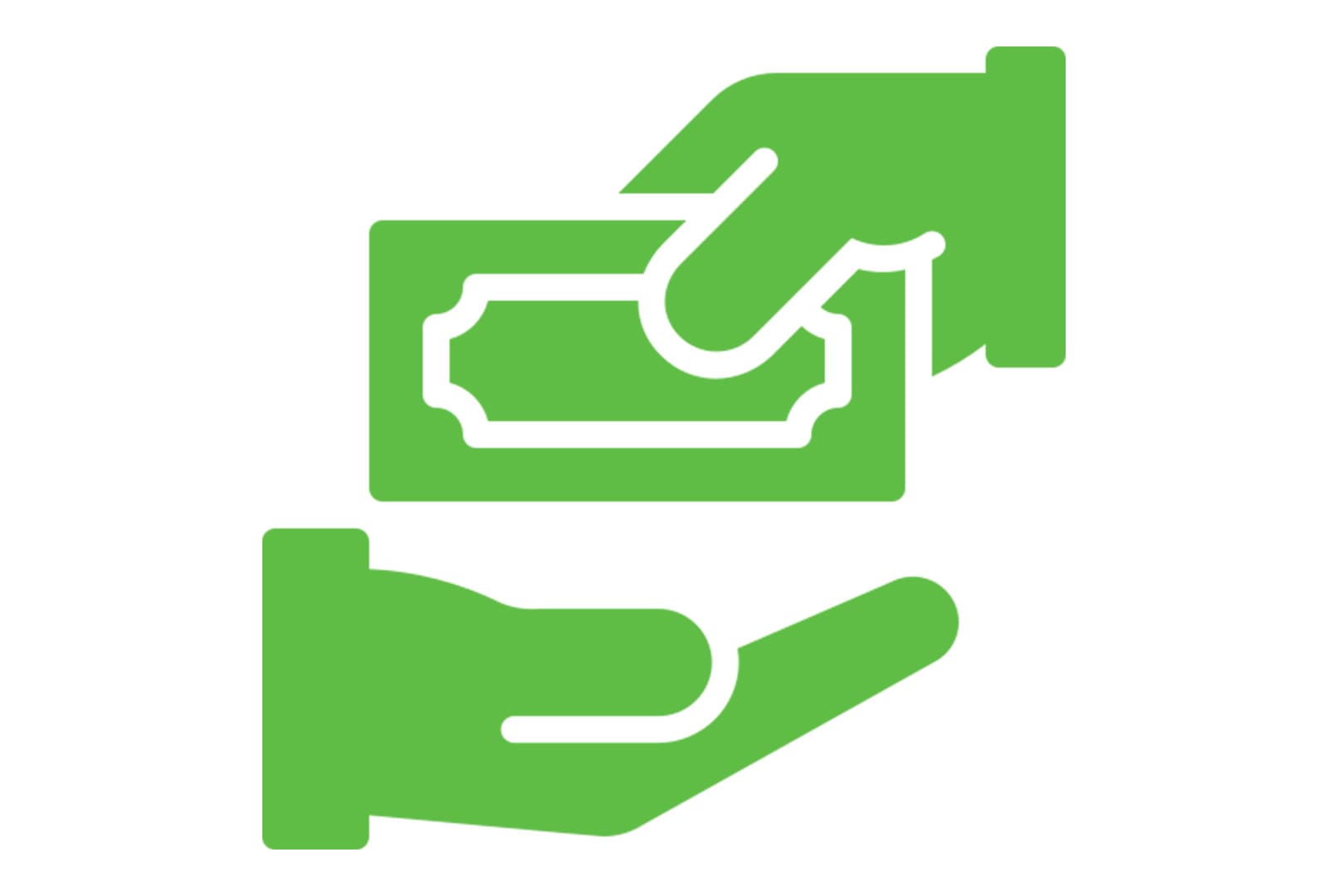 A green icon of two hands holding money.